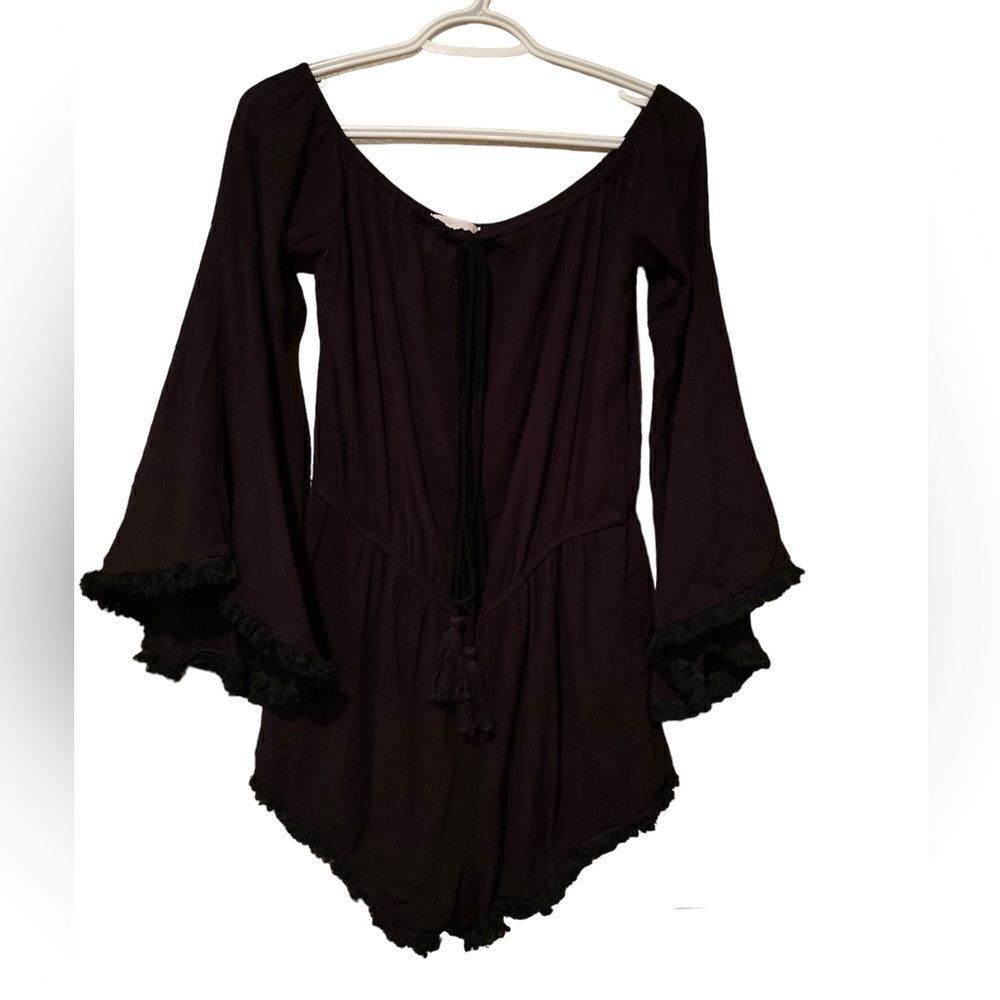 DeeDee Off The Shoulder Black Romper Size Medium Tassels and Fringe Bell Sleeves